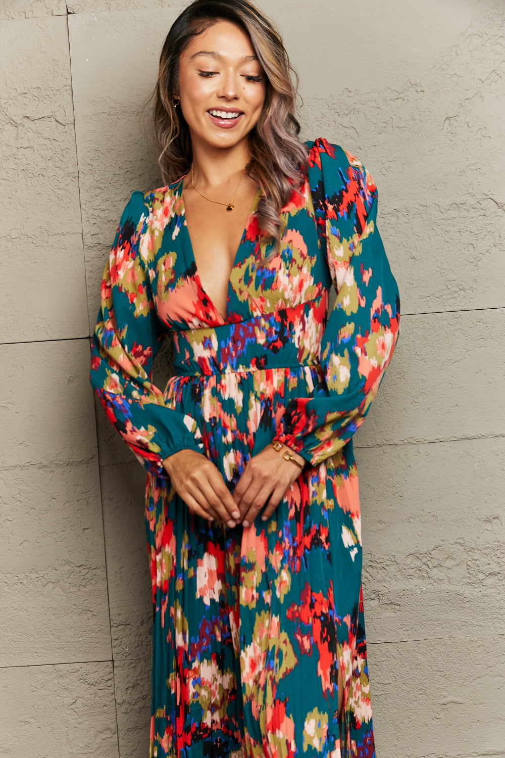 Perfee Printed Deep V Slit Pleated Dress.
