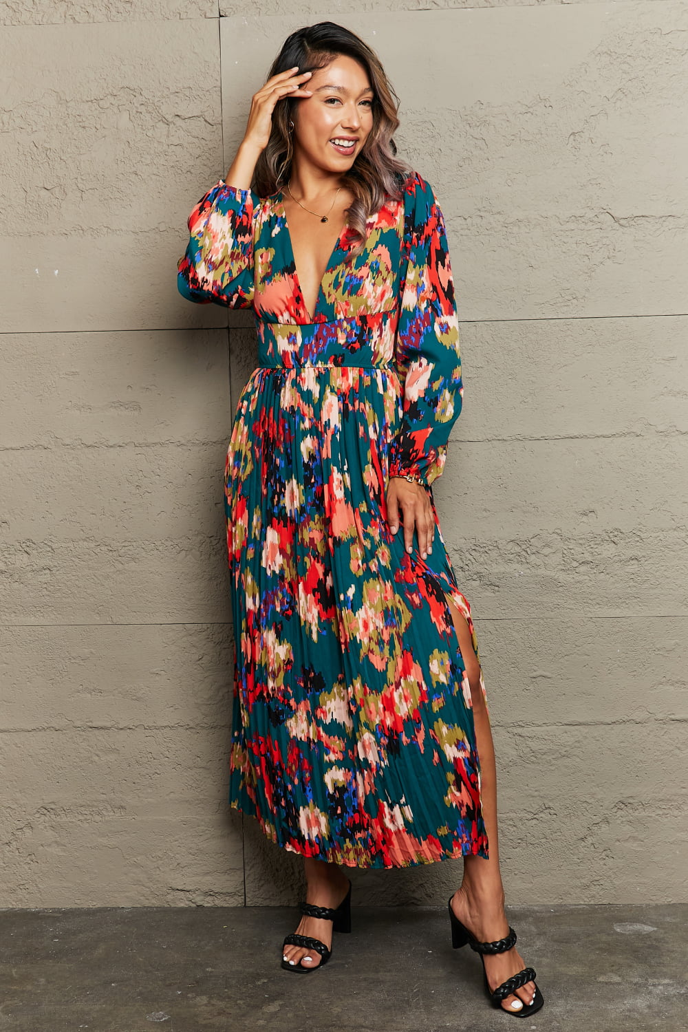 Perfee Printed Deep V Slit Pleated Dress.