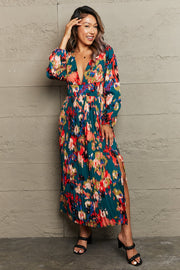 Perfee Printed Deep V Slit Pleated Dress.