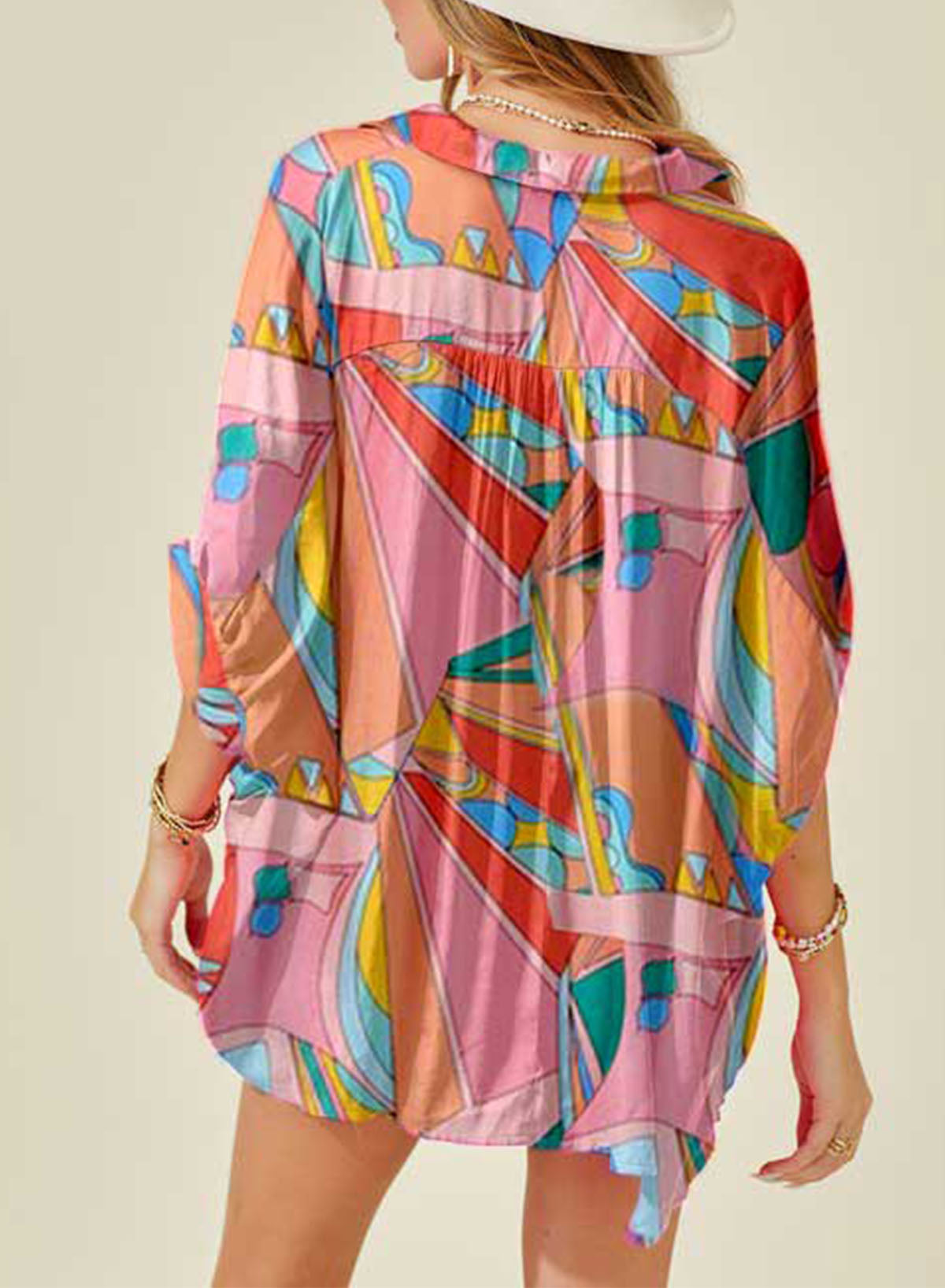 Printed Dolman Sleeve Collared Shirt.