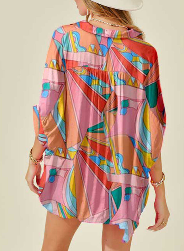 Printed Dolman Sleeve Collared Shirt.