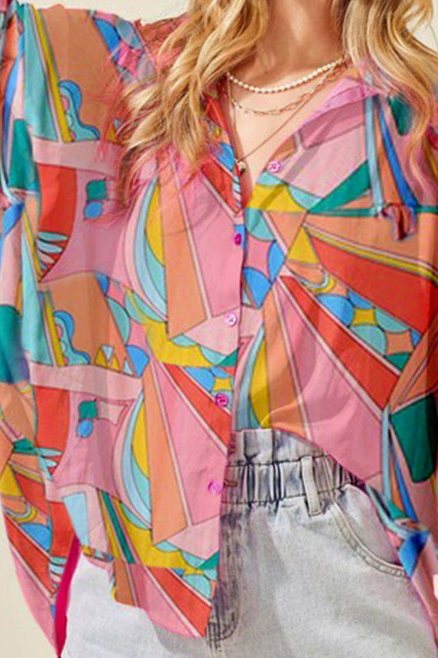 Printed Dolman Sleeve Collared Shirt.