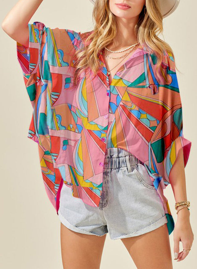 Printed Dolman Sleeve Collared Shirt.