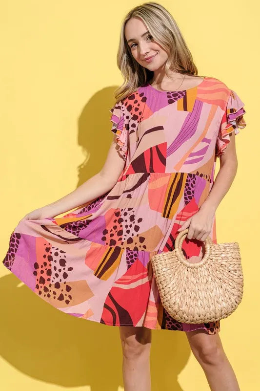 And The Why Printed Double Ruffles Sleeve Dress.