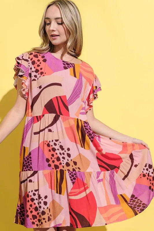 And The Why Printed Double Ruffles Sleeve Dress.