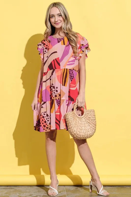 And The Why Printed Double Ruffles Sleeve Dress.