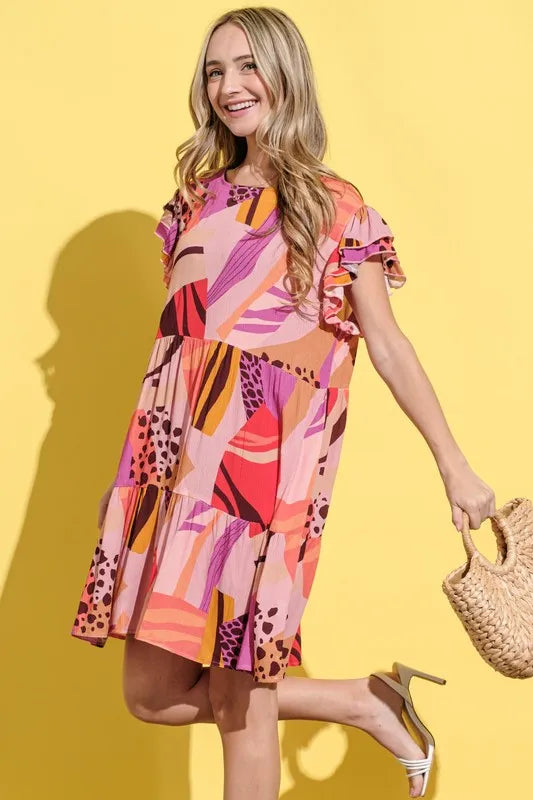 And The Why Printed Double Ruffles Sleeve Dress.