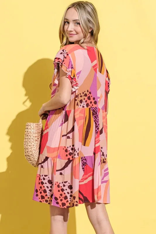 And The Why Printed Double Ruffles Sleeve Dress.