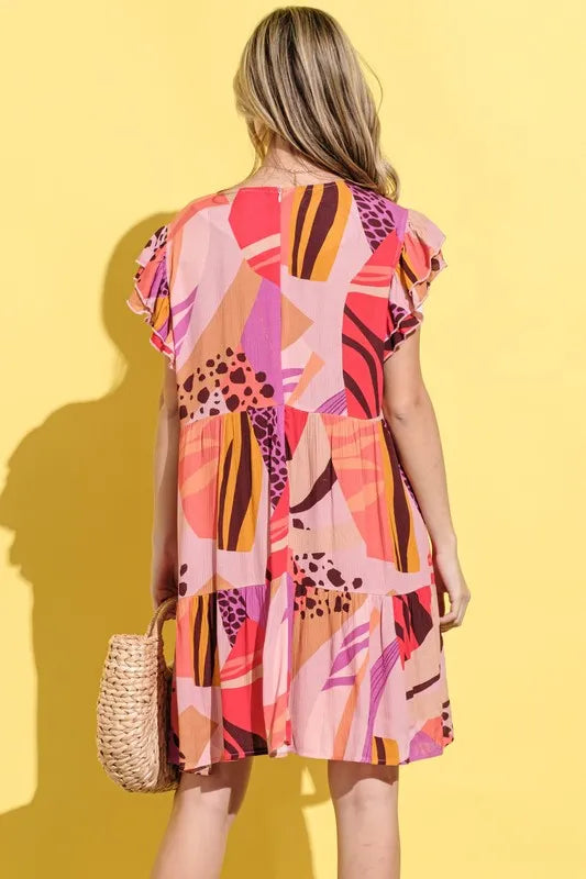 And The Why Printed Double Ruffles Sleeve Dress.