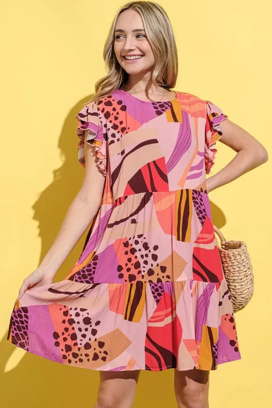 And The Why Printed Double Ruffles Sleeve Dress.