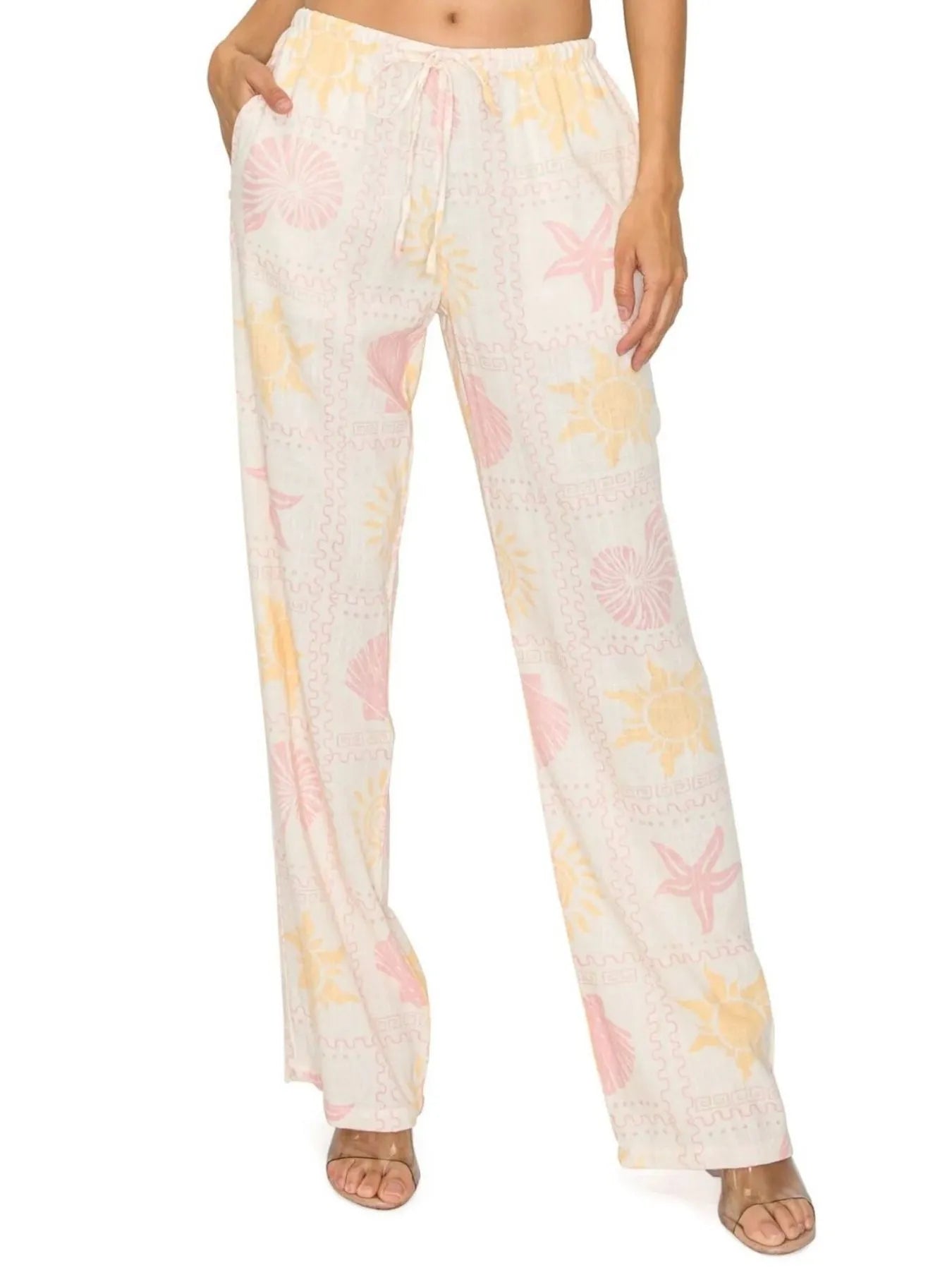 Printed drawstring straight pants with pockets.