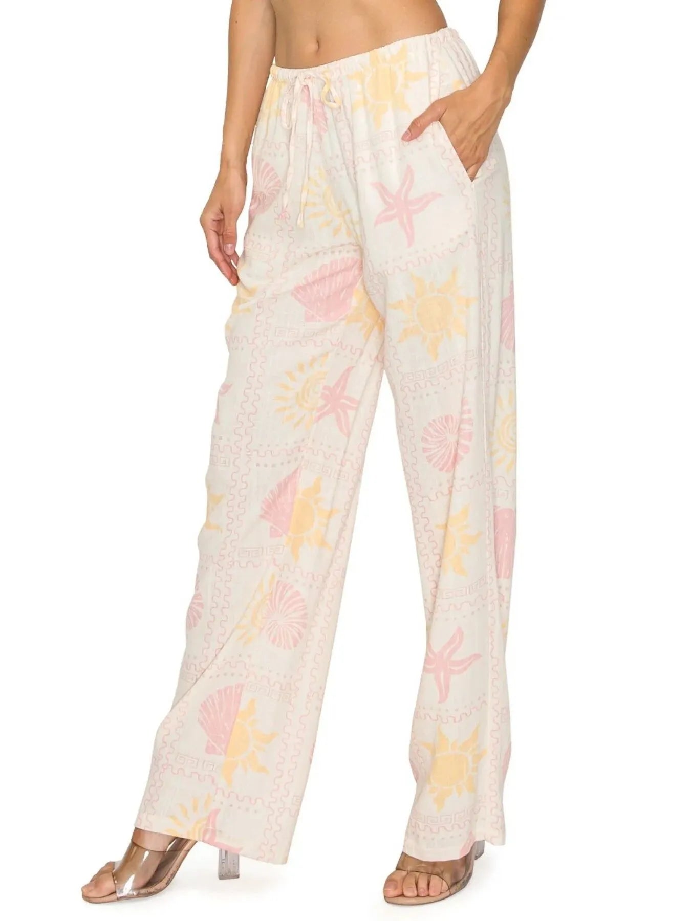 Printed drawstring straight pants with pockets.