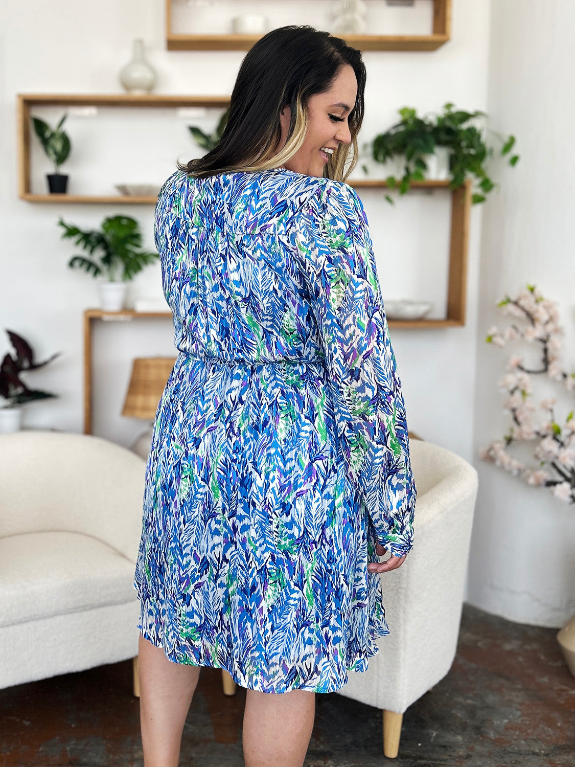 Double Take Full Size Printed Drawstring Waist Long Sleeve Dress.