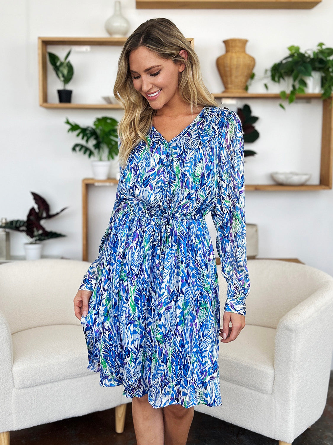 Double Take Full Size Printed Drawstring Waist Long Sleeve Dress.