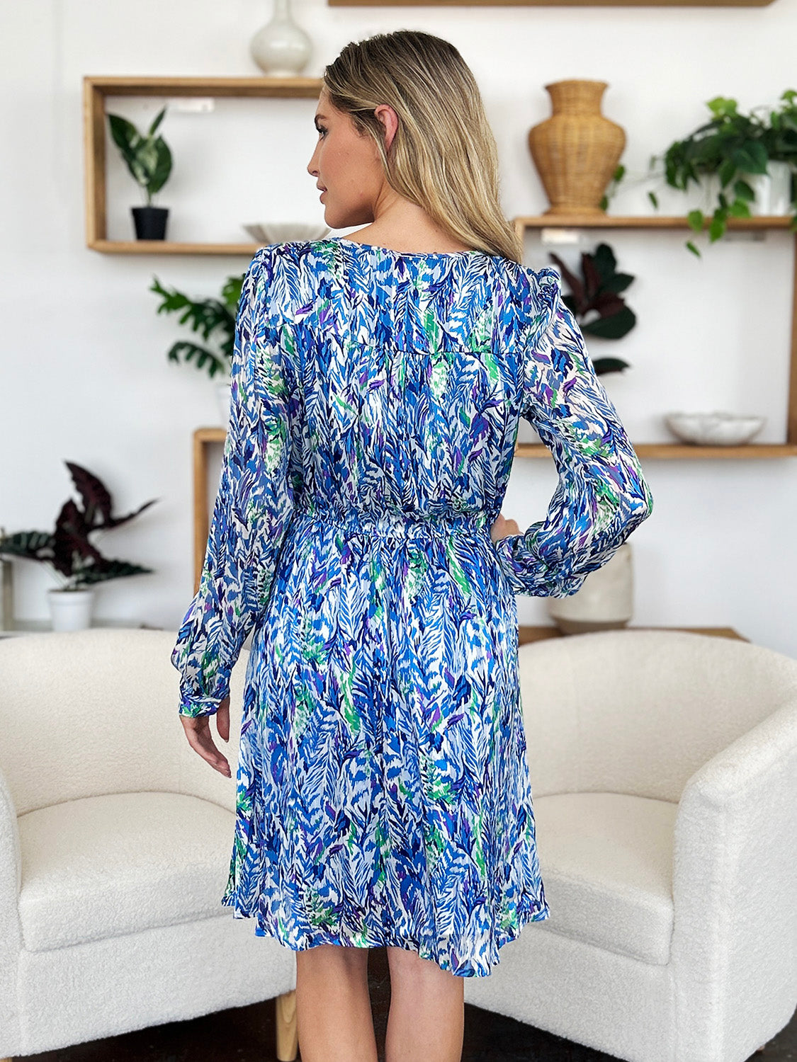 Double Take Full Size Printed Drawstring Waist Long Sleeve Dress.