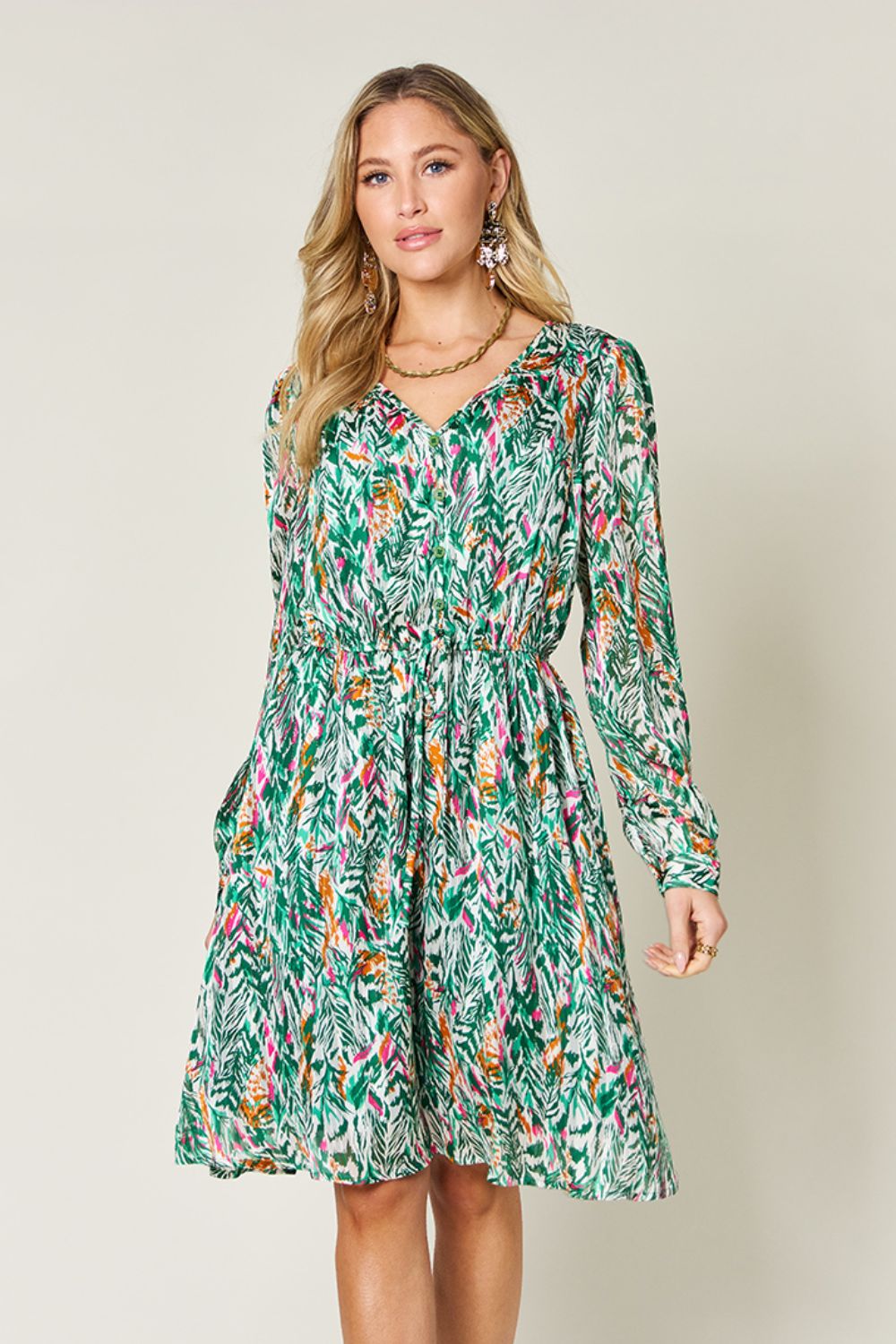 Double Take Full Size Printed Drawstring Waist Long Sleeve Dress.