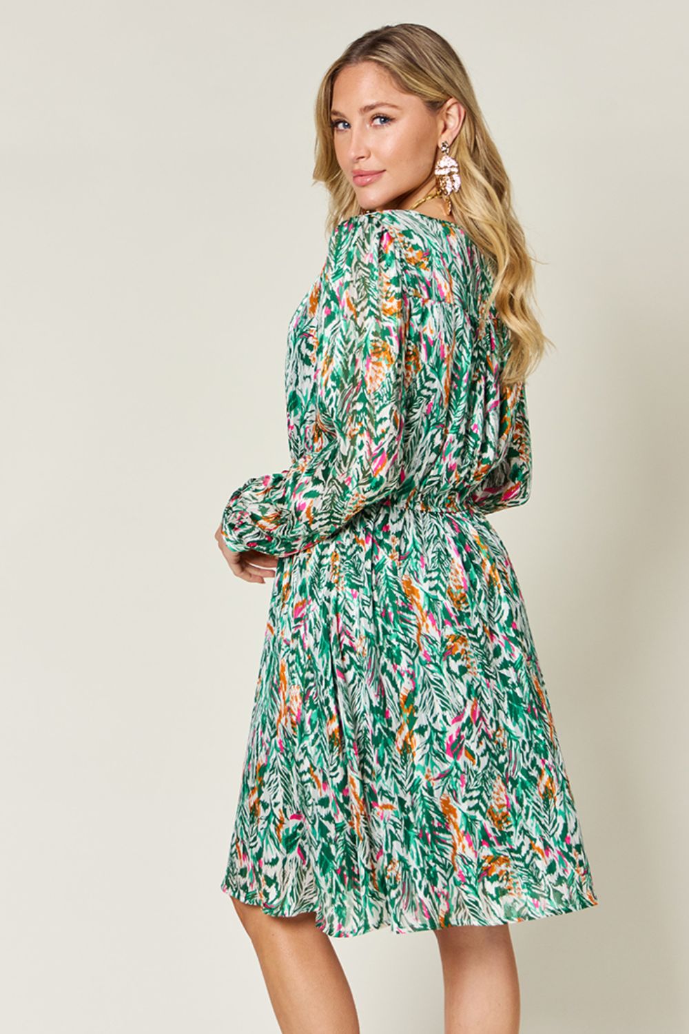 Double Take Full Size Printed Drawstring Waist Long Sleeve Dress.