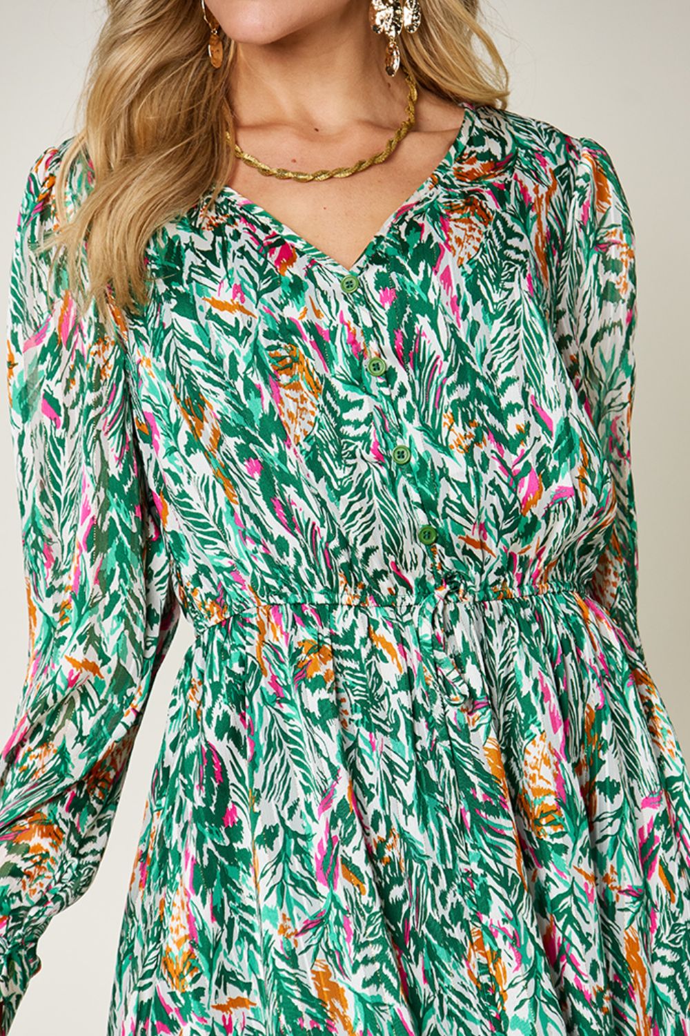 Double Take Full Size Printed Drawstring Waist Long Sleeve Dress.