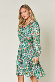 Double Take Full Size Printed Drawstring Waist Long Sleeve Dress.