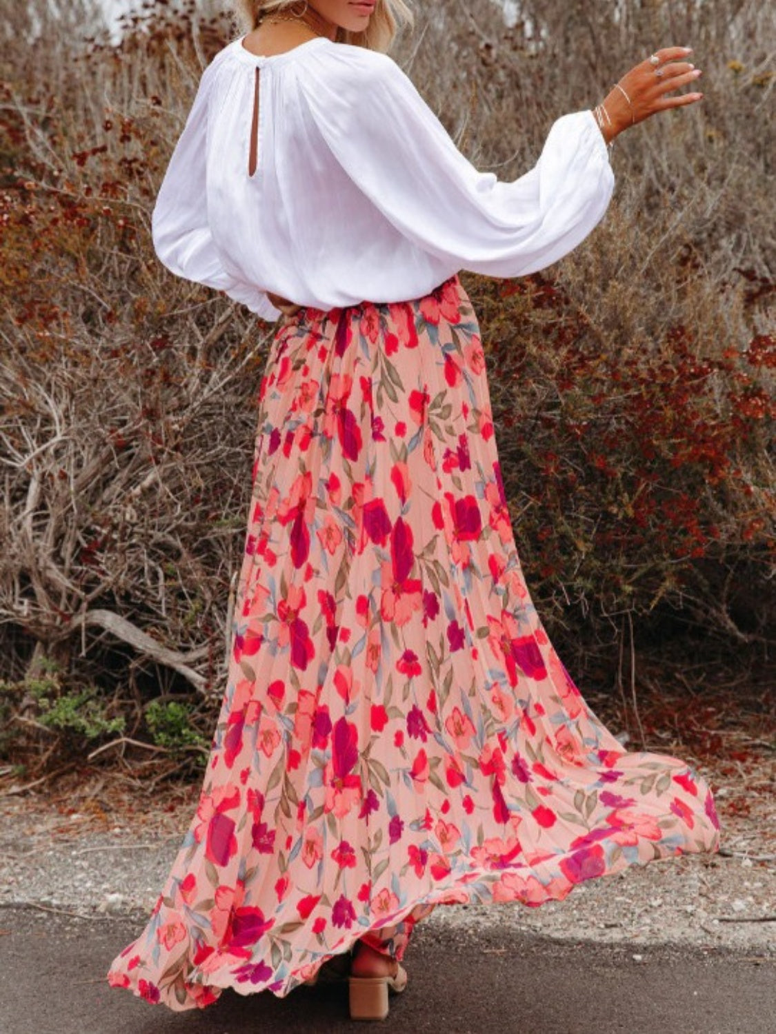Printed Elastic Waist Pleated Maxi Skirt.
