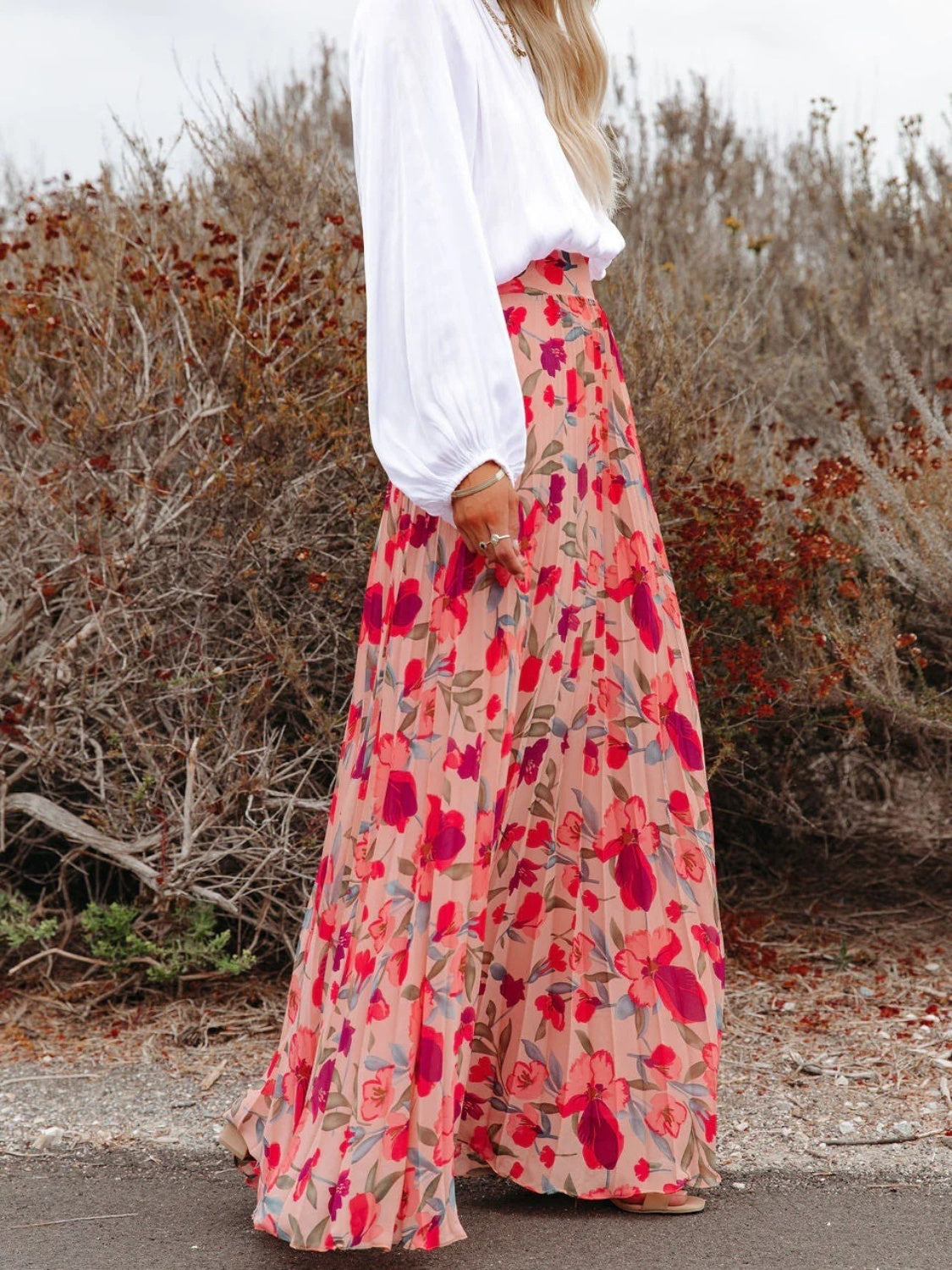Printed Elastic Waist Pleated Maxi Skirt.