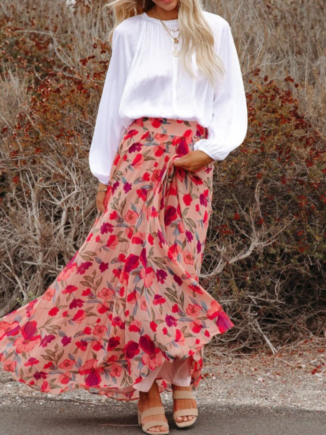 Printed Elastic Waist Pleated Maxi Skirt.
