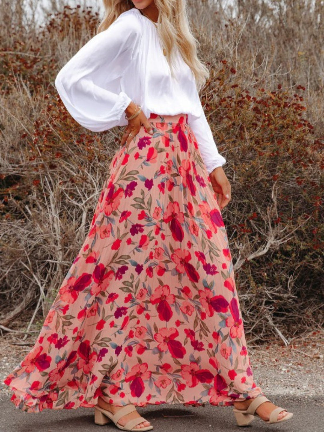 Printed Elastic Waist Pleated Maxi Skirt.
