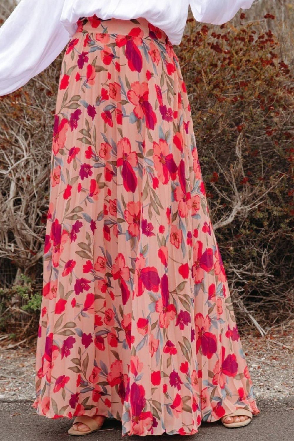 Printed Elastic Waist Pleated Maxi Skirt.
