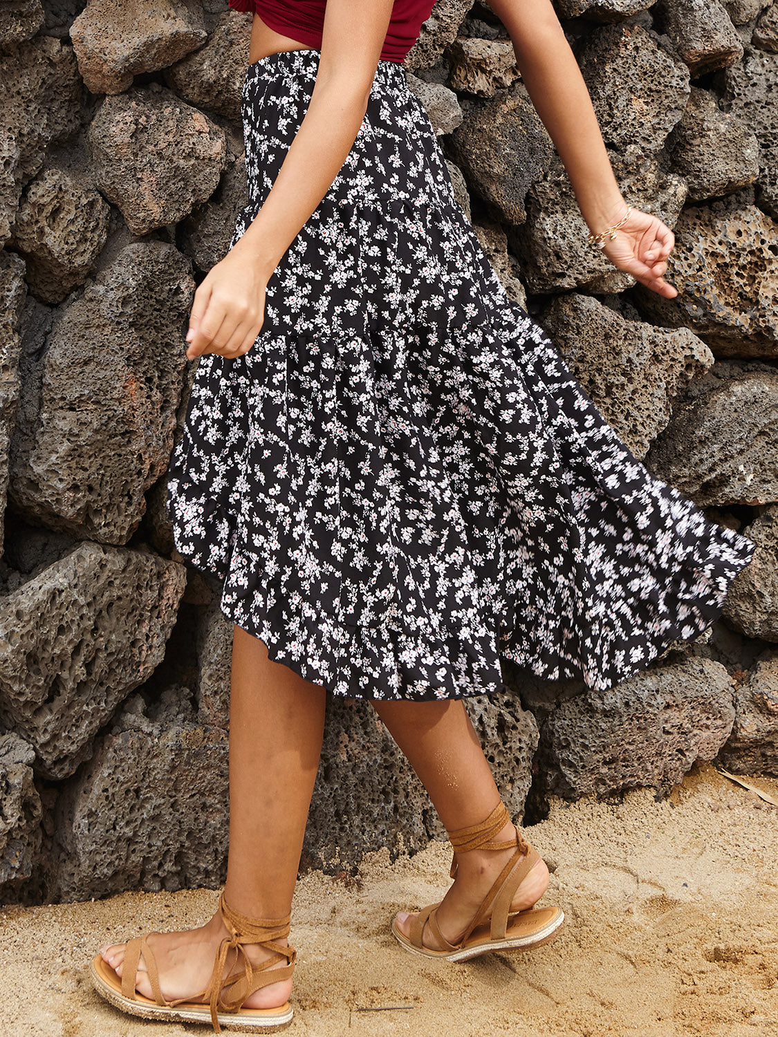 Perfee Printed Elastic Waist Skirt.