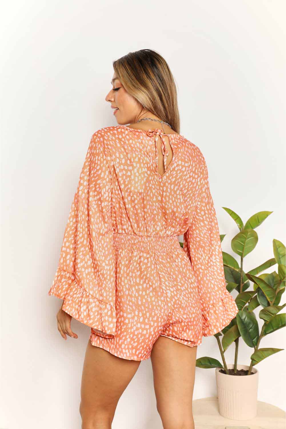 Printed Flare Sleeve Surplice Romper with Smocked and Tie.