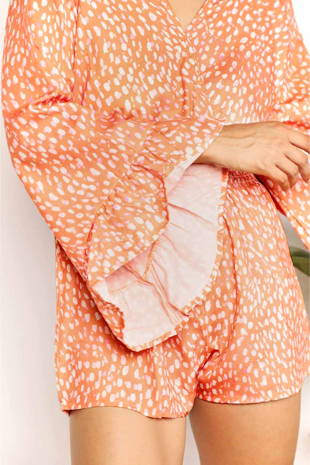 Printed Flare Sleeve Surplice Romper with Smocked and Tie.