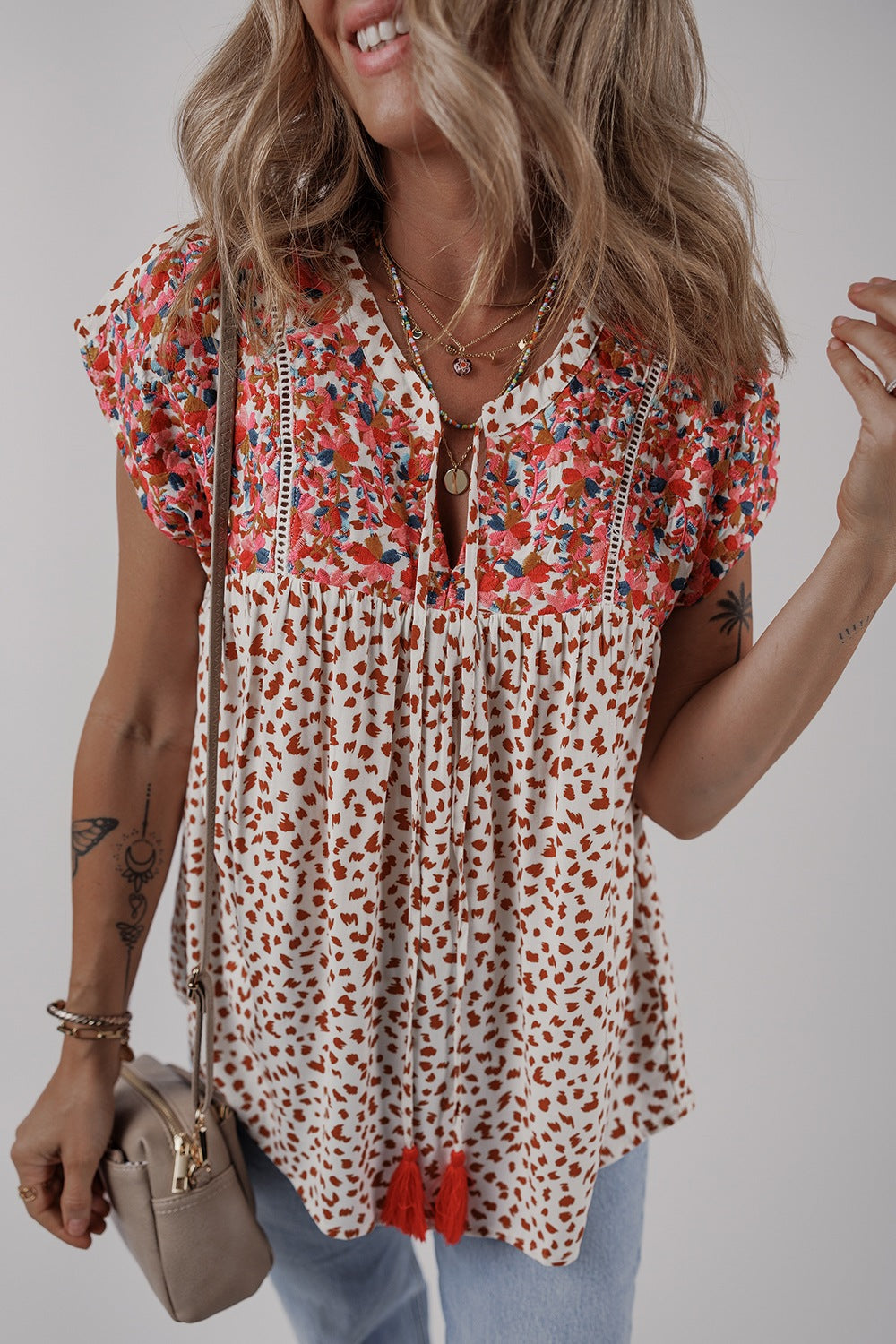 Printed Floral Embroidery Tie Neck Blouse with Tied.