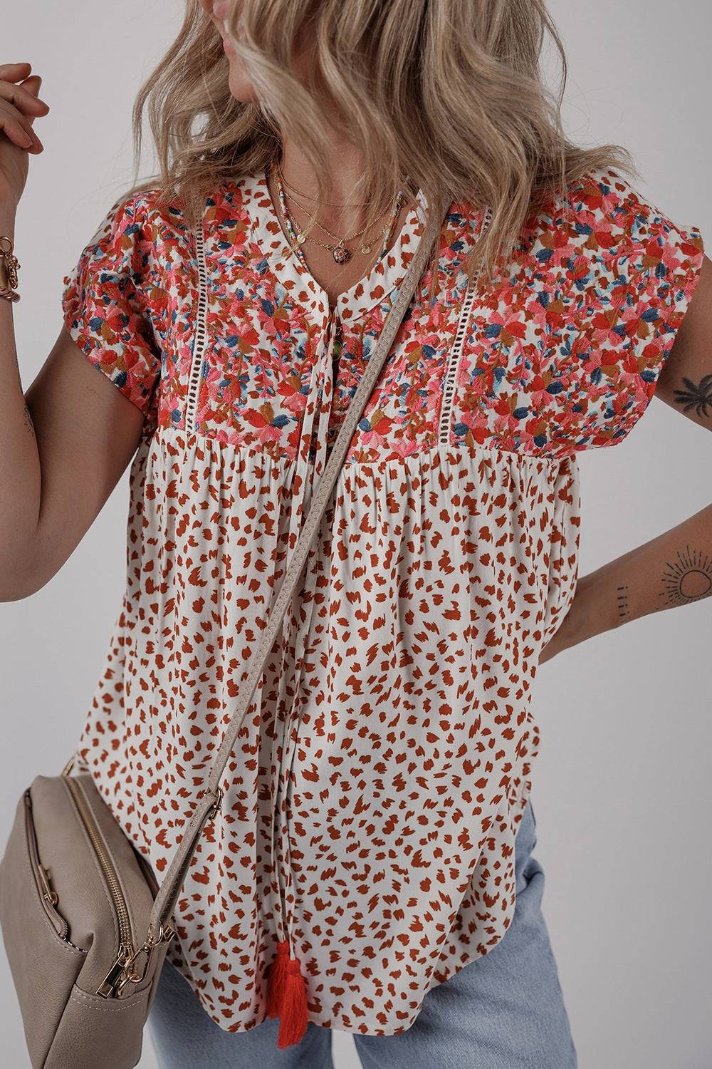 Printed Floral Embroidery Tie Neck Blouse with Tied.