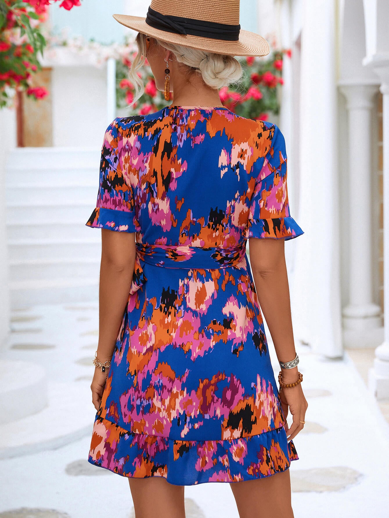 Printed Flounce Sleeve Tied Dress.