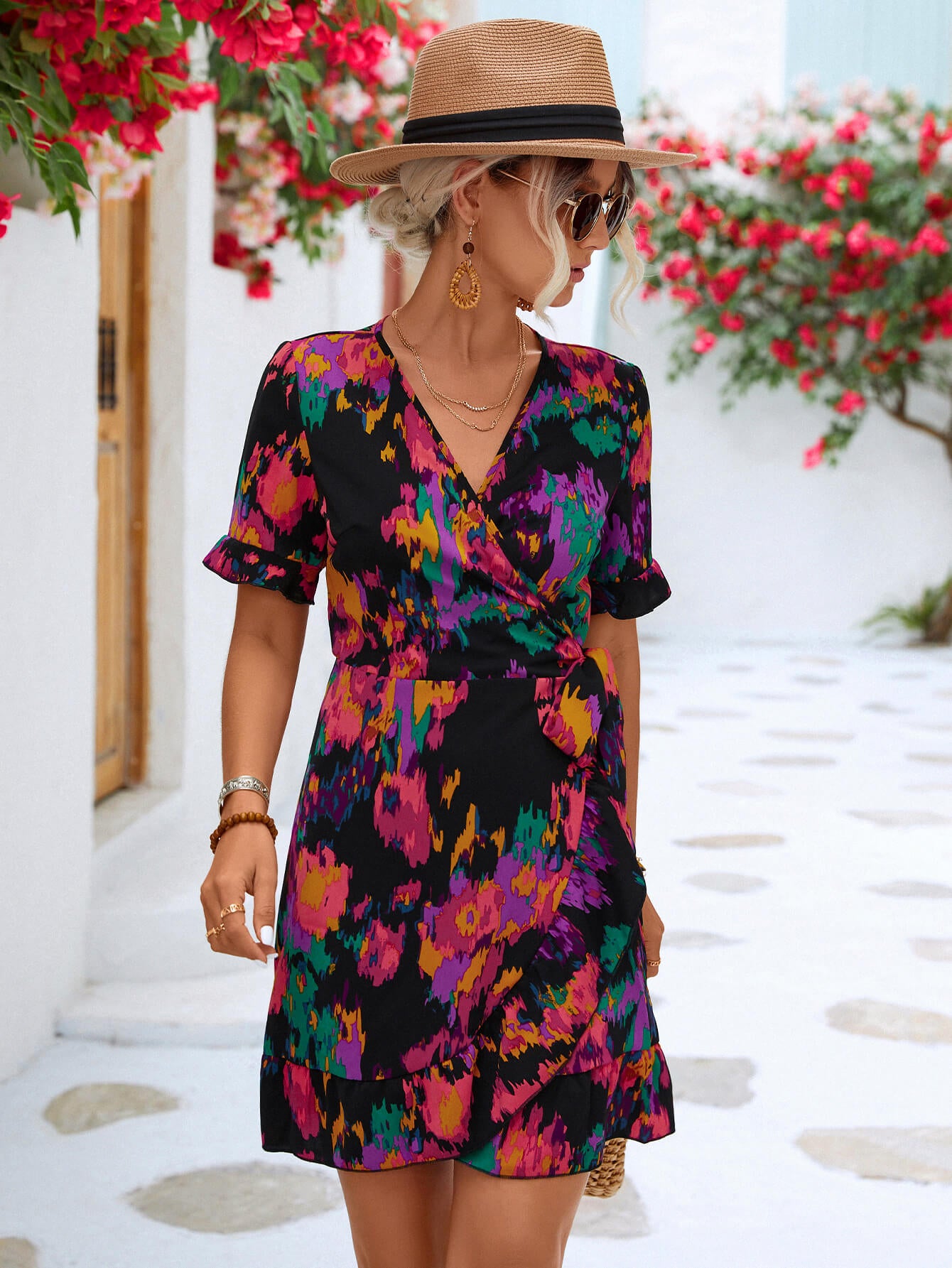 Printed Flounce Sleeve Tied Dress.