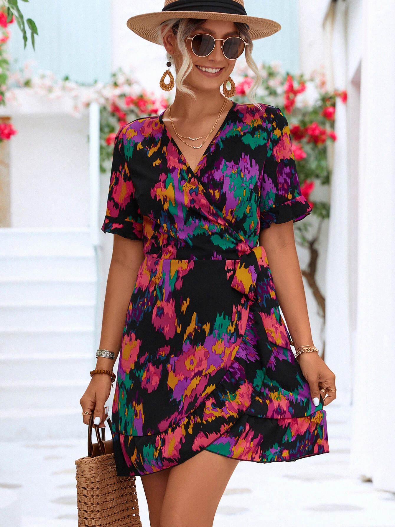 Printed Flounce Sleeve Tied Dress.
