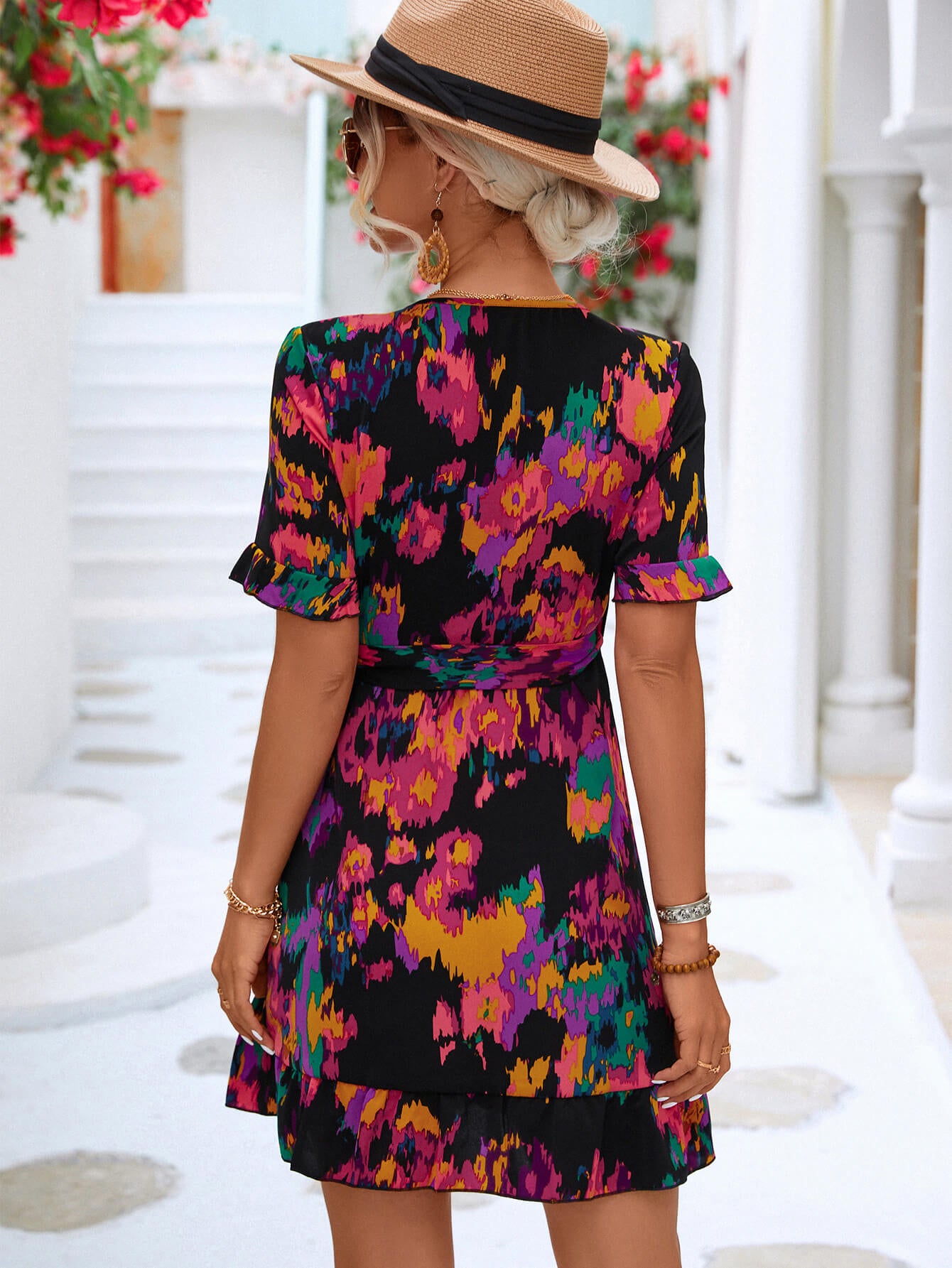Printed Flounce Sleeve Tied Dress.