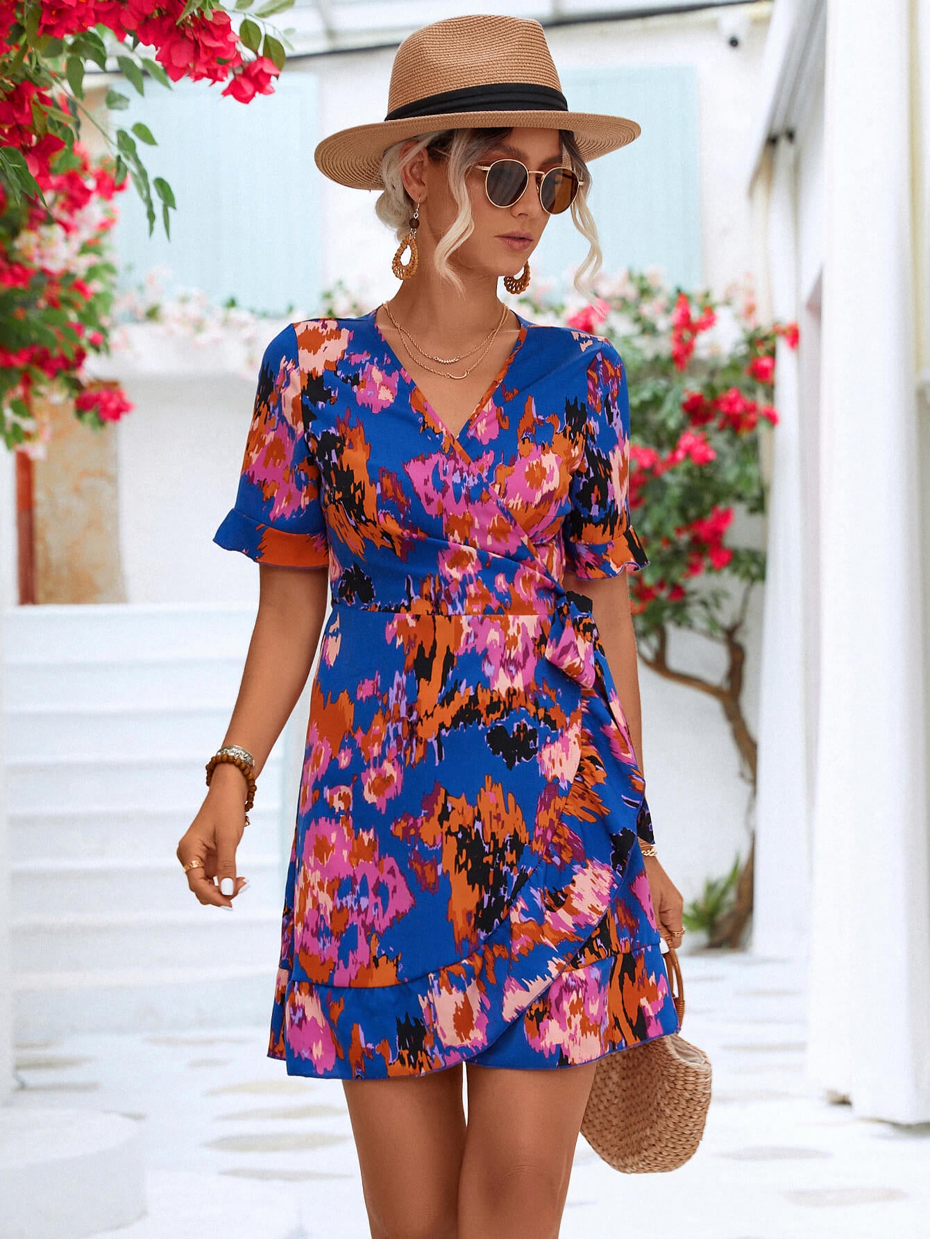 Printed Flounce Sleeve Tied Dress.