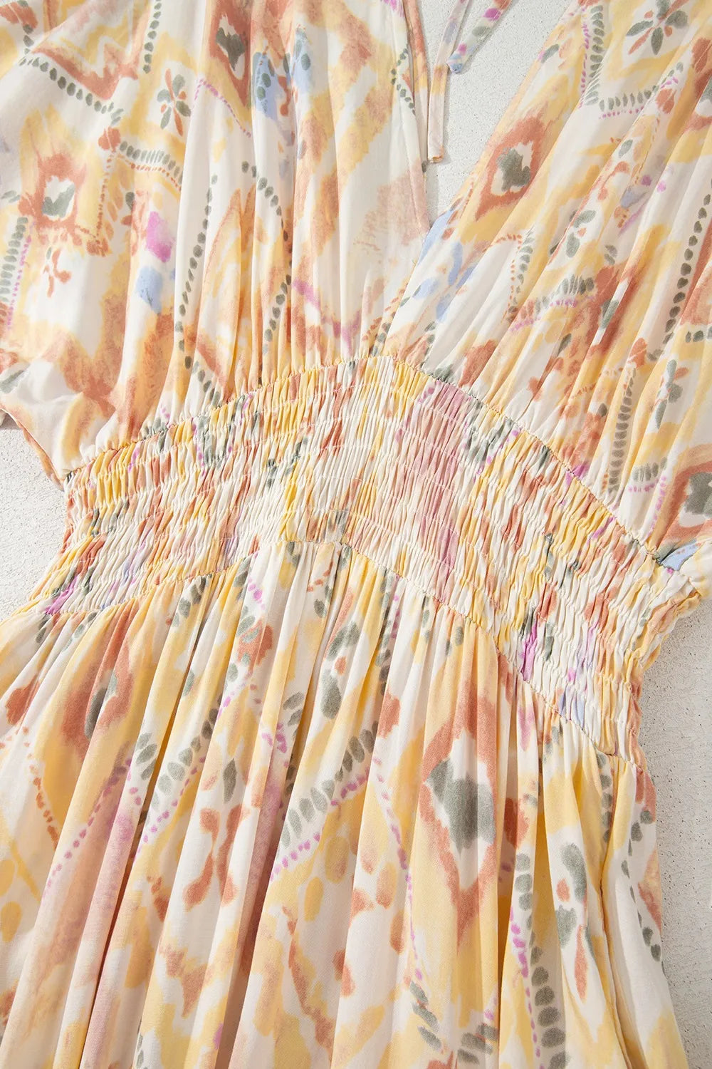Printed Half Sleeve Shirred High Waist Maxi Dress.