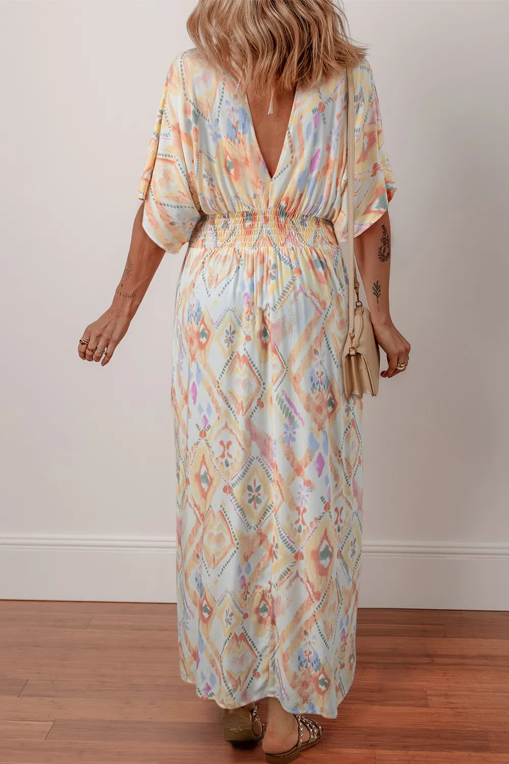 Printed Half Sleeve Shirred High Waist Maxi Dress.
