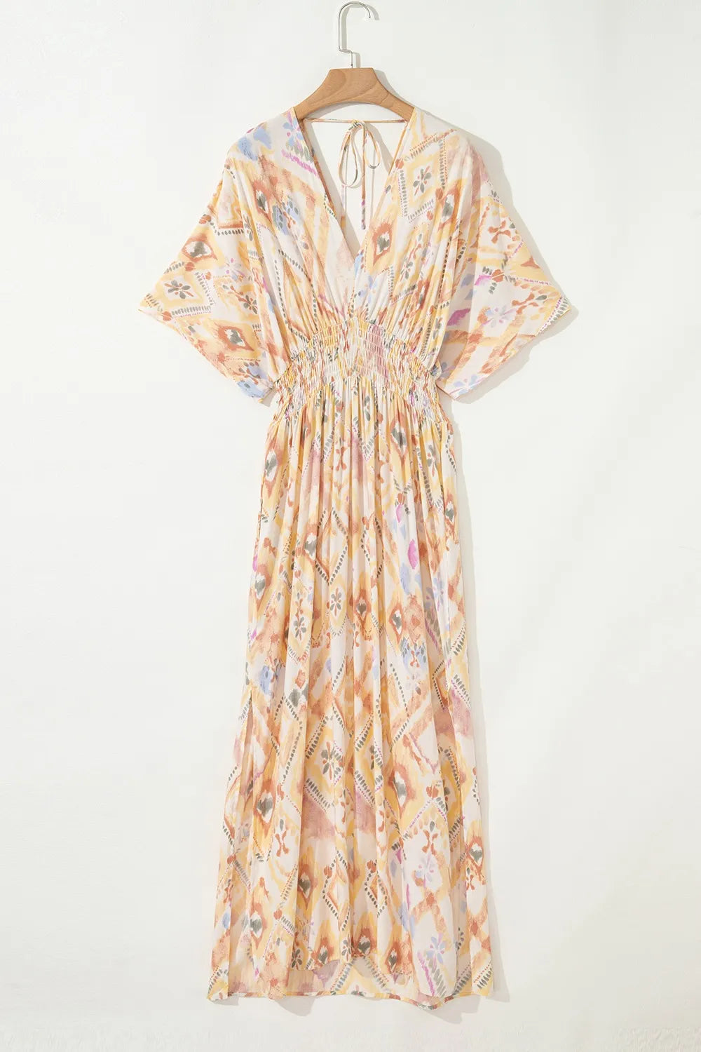 Printed Half Sleeve Shirred High Waist Maxi Dress.