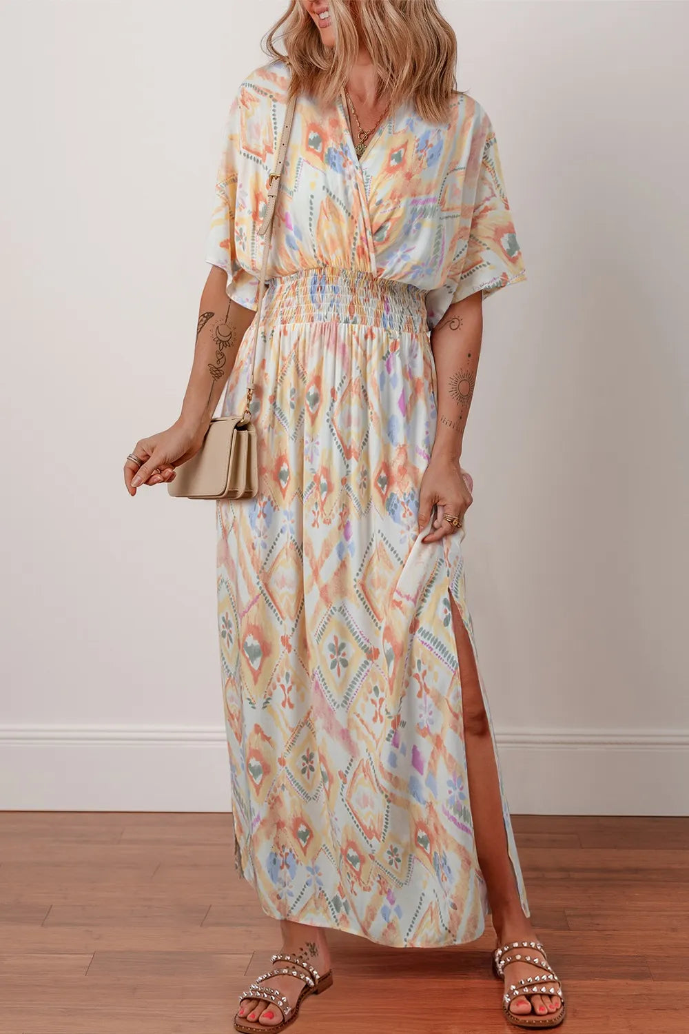 Printed Half Sleeve Shirred High Waist Maxi Dress.