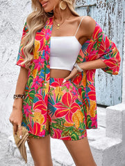 printed half sleeve top and shorts set, casual chic women's two-piece outfit, relaxed fit summer fashion, comfortable printed set with pockets, versatile everyday ensemble