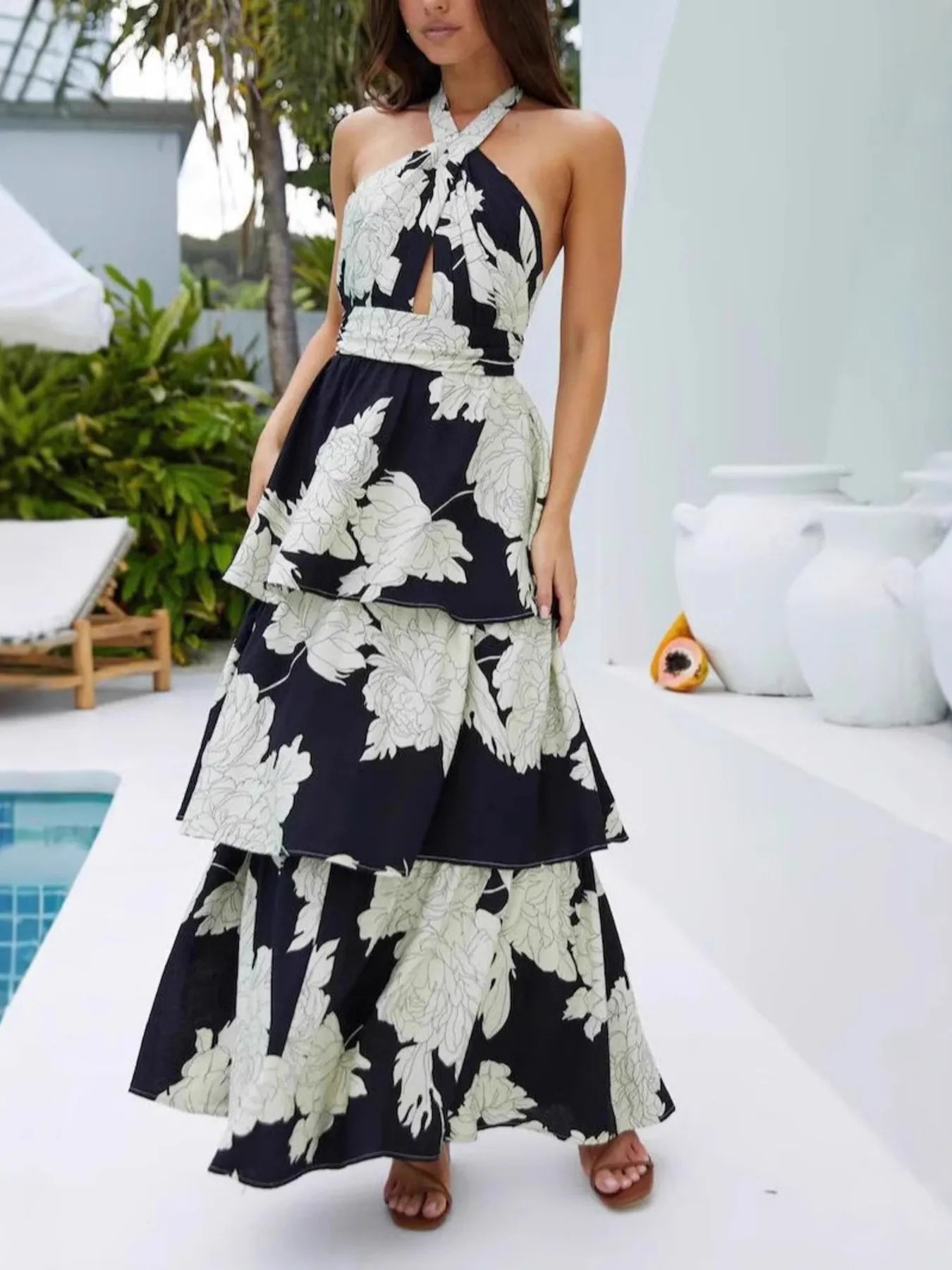 Printed Halter Neck Tiered Maxi Dress.