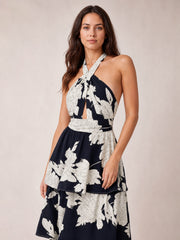Printed Halter Neck Tiered Maxi Dress · Medium-Close Editorial · Hip / Waist Up