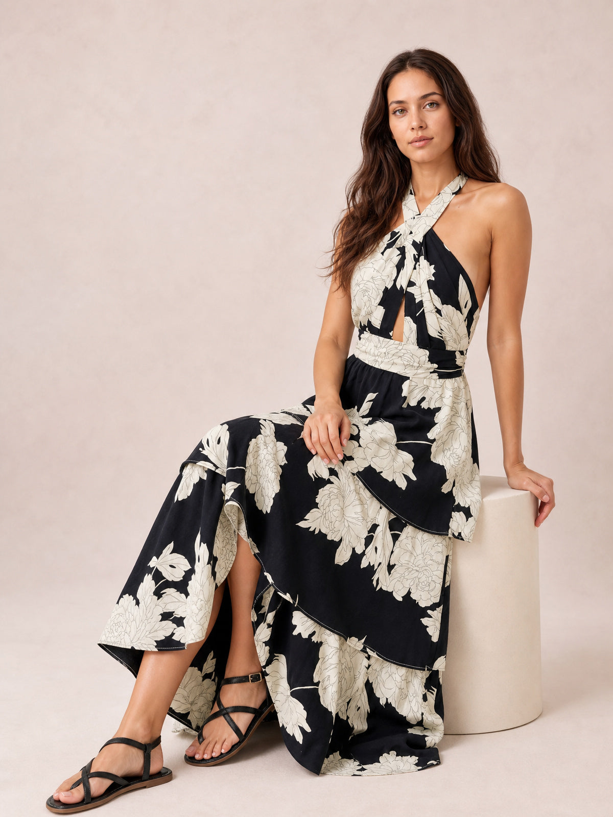 Printed Halter Neck Tiered Maxi Dress · Studio Prop · Medium / Three-Quarter