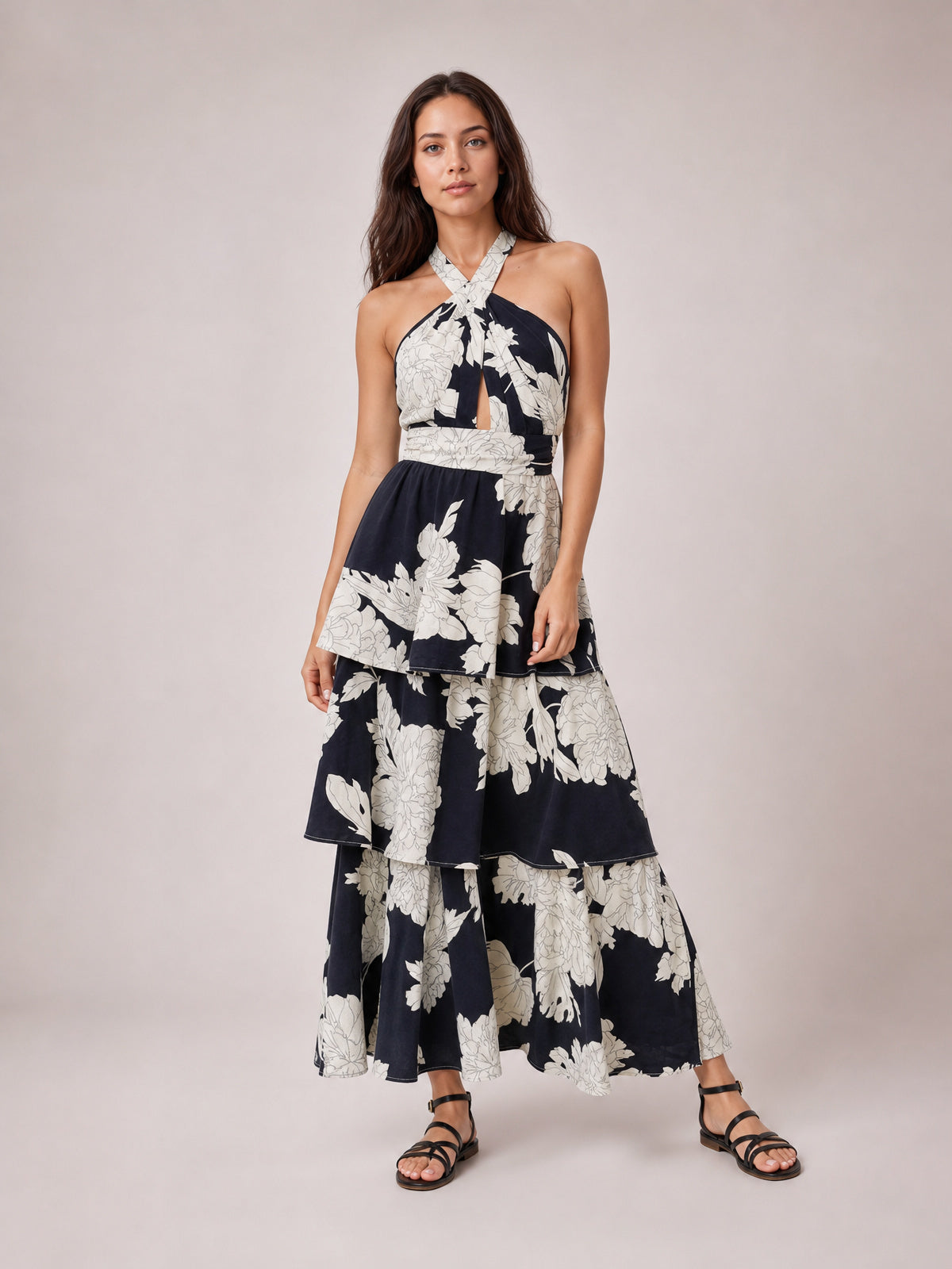 Printed Halter Neck Tiered Maxi Dress · Hero Full Body