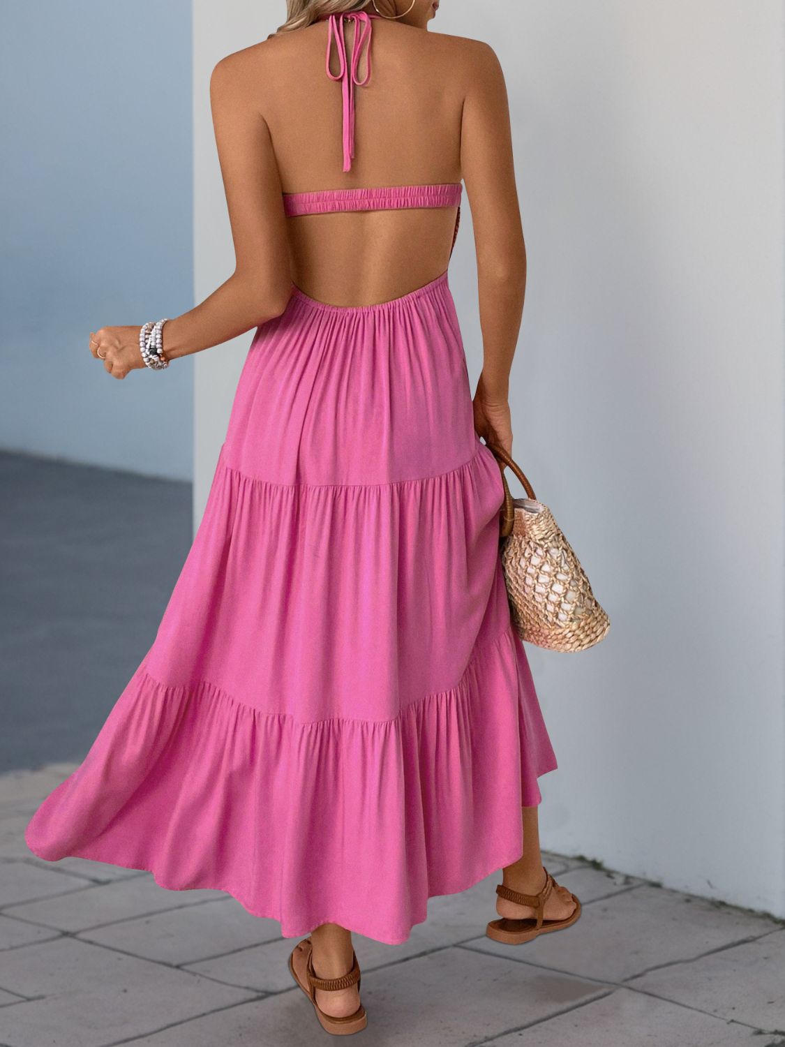 Perfee Printed Halter Neck Tiered Midi Dress.