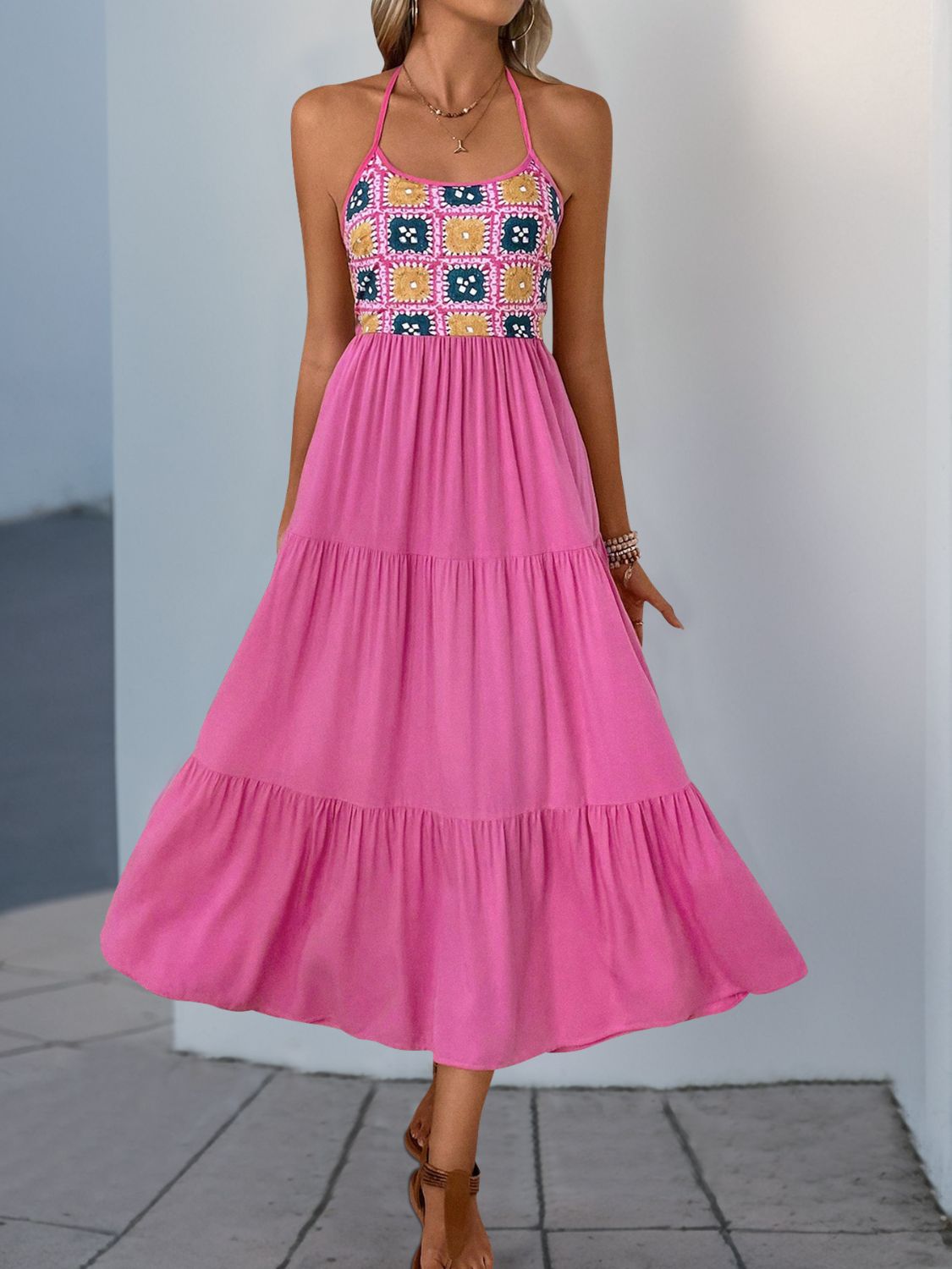 Perfee Printed Halter Neck Tiered Midi Dress.