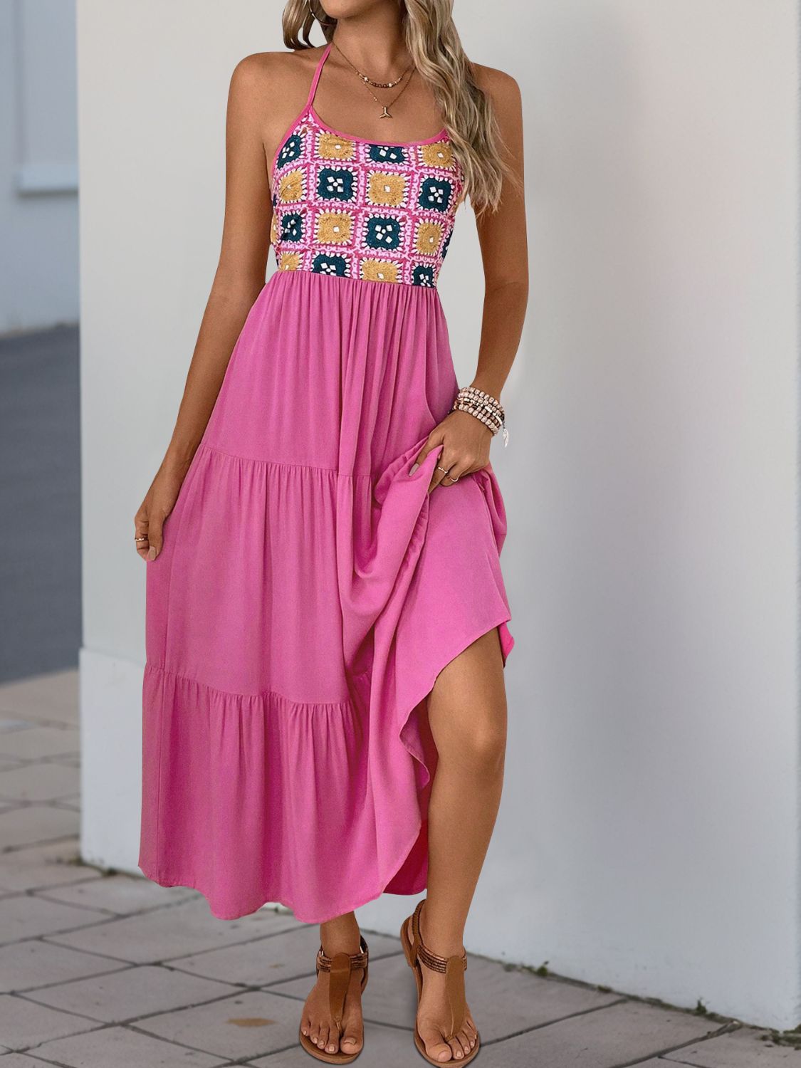Perfee Printed Halter Neck Tiered Midi Dress.